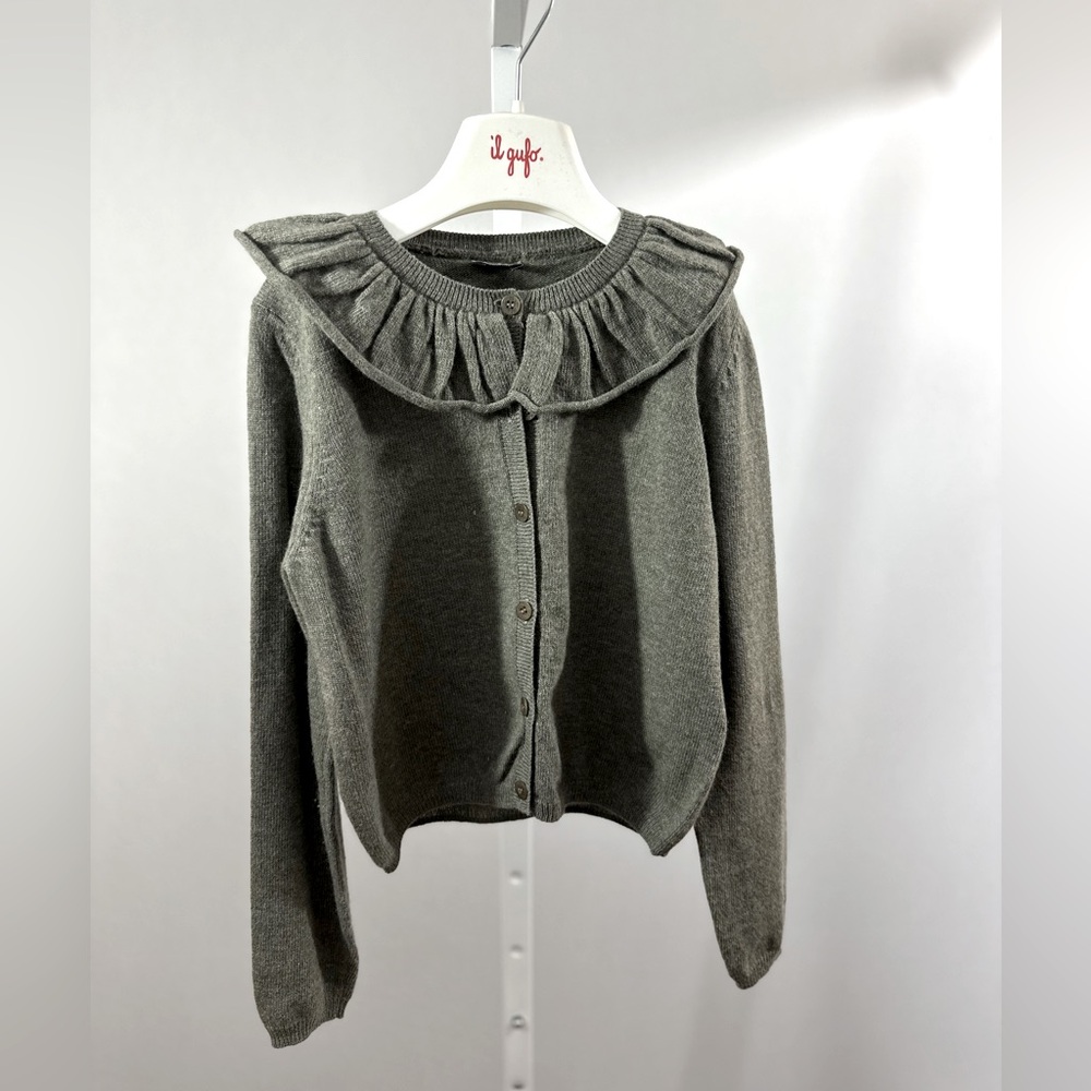 IL GUFO - Girls Fine Wool Gray Cardigan with Ruffle Collar